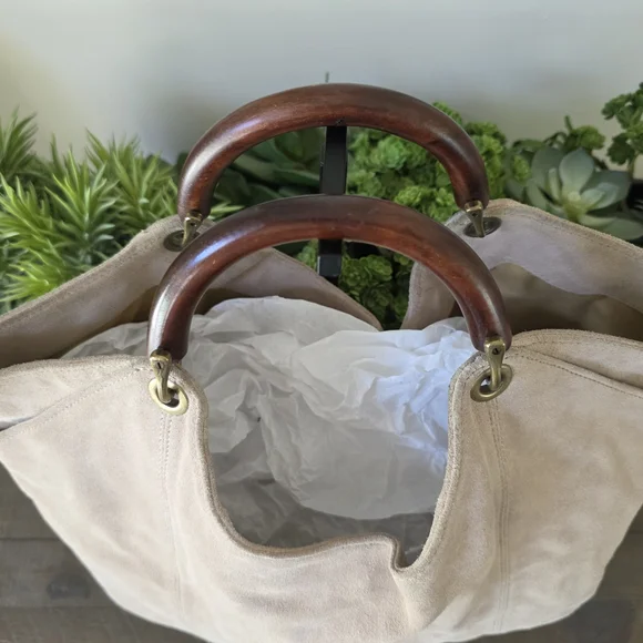 Banana Republic Suede HOBO Bag With Wooden Handles - Picture 3 of 14